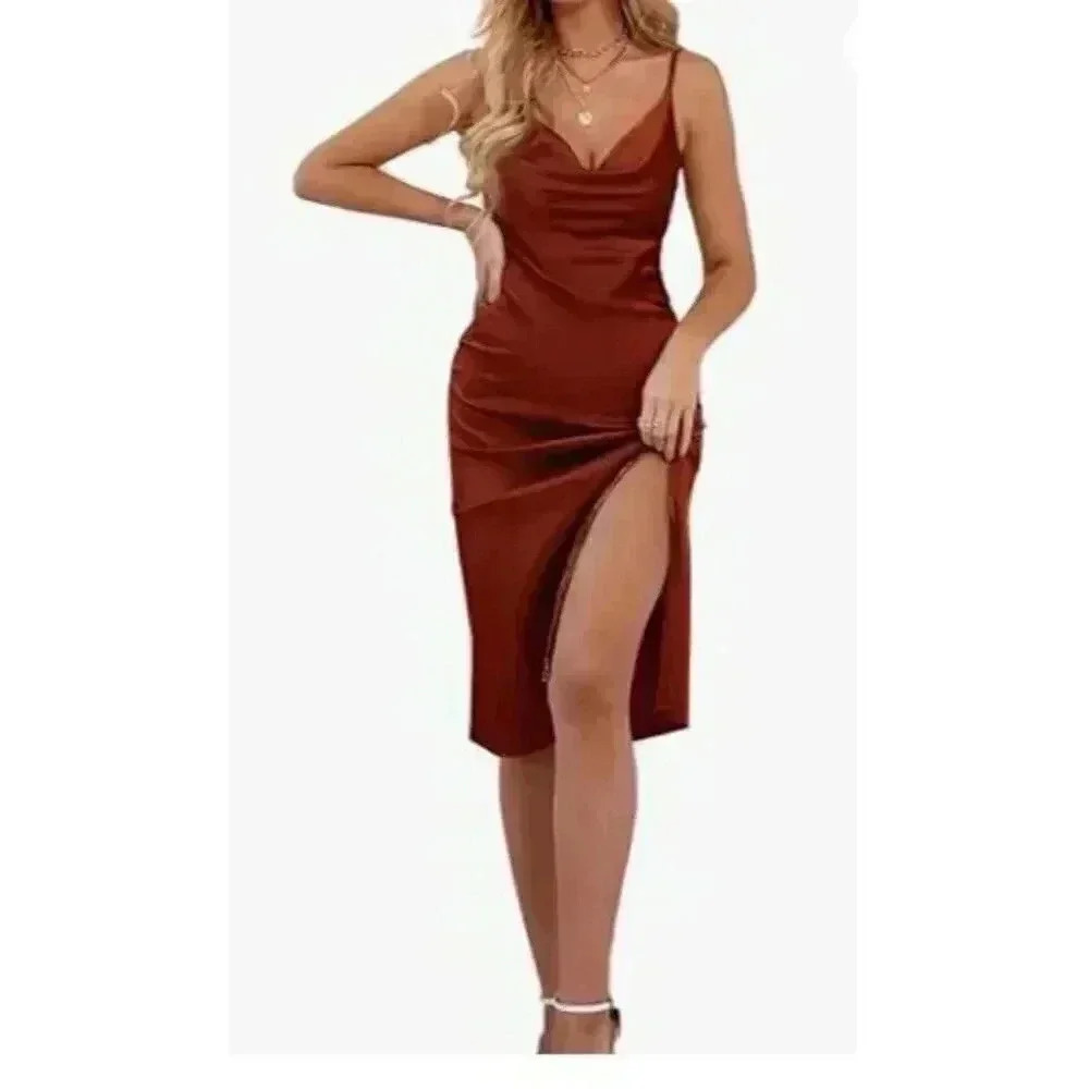 Womens Satin Drape Cowl Neck Sleeveless Strappy Cami Split Slit Party Midi Dress